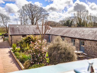 A garden with flowering bushes and trees next to stone buildings with blue doors at Kerensa in Mawnan Smith Near Falmouth