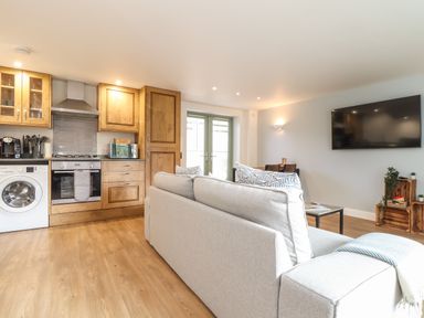 An open plan living room and kitchen with wooden cabinets a washing machine a grey sofa and a wall mounted TV at Penpoll in Falmouth