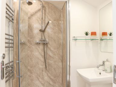A bathroom with a shower enclosure a pedestal sink a mirror a glass shelf with two small plants and two candles at Penpoll in Falmouth