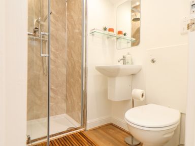 A bathroom with a glass shower enclosure a white sink a toilet and a wooden floor at Penpoll in Falmouth