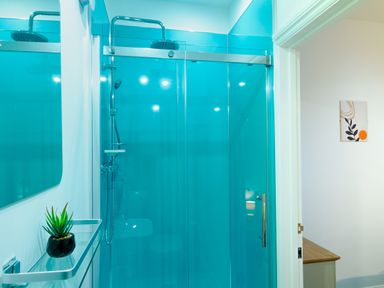 A bathroom with a glass shower enclosure and a small plant on a glass shelf at Porthallow in Mawnan Smith Near Falmouth
