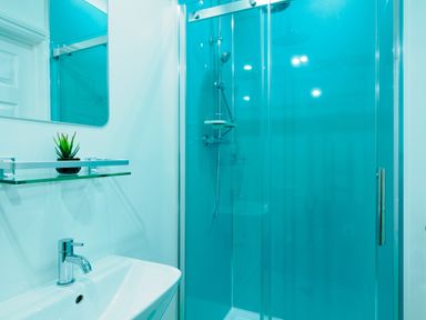 A bathroom with a sink faucet a glass shelf with a small plant and a shower enclosure with glass doors at Porthallow in Mawnan Smith Near Falmouth