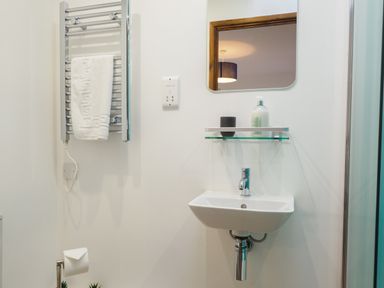A bathroom sink with a mirror soap dispenser and tumbler a towel on a heated rack and toilet paper holder at Manacles in Mawnan Smith Near Falmouth