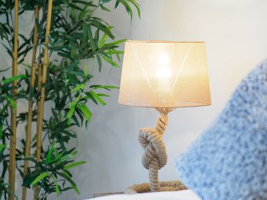 A lamp with a rope base and beige lampshade next to a green leafy plant