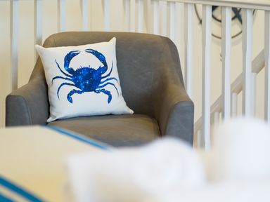 A gray armchair with a white pillow featuring a blue crab design at Coverack in Mawnan Smith Near Falmouth