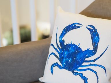A white pillow with a blue crab design on a gray chair at Coverack in Mawnan Smith Near Falmouth