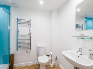 A bathroom with a toilet a sink a mirror and a towel rack at Coverack in Mawnan Smith Near Falmouth