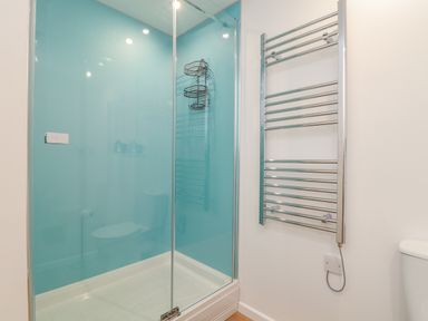 A bathroom with a glass shower enclosure a chrome towel radiator and a toilet at Helford in Mawnan Smith Near Falmouth