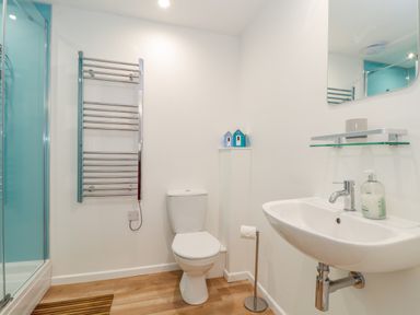 A bathroom with a toilet sink shower and towel rack at Helford in Mawnan Smith Near Falmouth