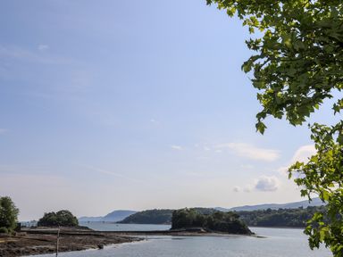 A coastal scene with small wooded islands and water under a clear sky with tree leaves on the right at Ynys Castell in Menai Bridge
