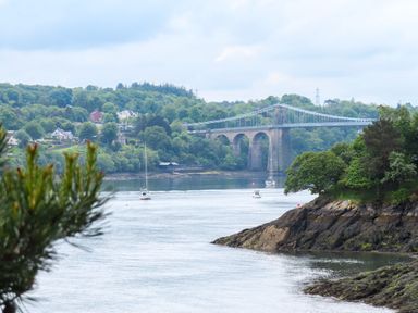 A river with boats and a suspension bridge with trees and houses in the background at Ynys Castell in Menai Bridge