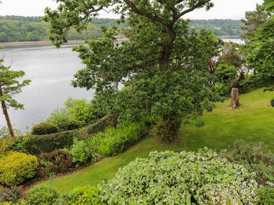 A garden with various bushes and trees overlooking a body of water at Ynys Castell in Menai Bridge