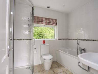 A bathroom with a shower enclosure toilet bathtub and sink with a window at Ynys Castell in Menai Bridge