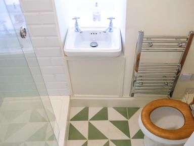 A bathroom with a pedestal sink a toilet with a wooden seat a chrome towel radiator and a shower with glass door at Henllys Newport Pembrokeshire