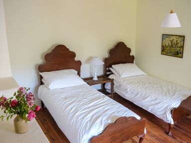 A bedroom with two single wooden beds a nightstand with a lamp a hanging light a vase with flowers and a painting on the wall at Henllys in Newport Pembrokeshire
