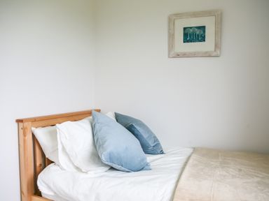A bed with white sheets and blue pillows and a framed painting on the wall at Henllys Lodge in Newport Pembrokeshire