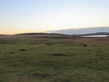 A grassy open field with hills and a body of water in the distance at Lilyvale in Davidstow near Camelford