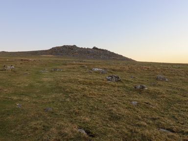 A grassy hillside with scattered rocks and a rocky ridge under a clear sky at Lilyvale in Davidstow near Camelford