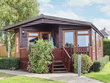 A wooden lodge with a small porch and stairs surrounded by bushes at Lodge Two Country View Park in Graveney