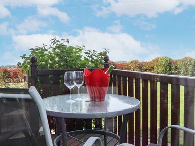 A glass outdoor table with two wine glasses and a red wine bottle holder on a wooden balcony with greenery and blue sky at Lodge Two Country View Park in Graveney