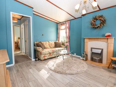 A living room with a floral sofa glass coffee table and fireplace at Lodge Two Country View Park in Graveney