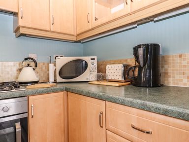 A kitchen countertop with a microwave kettle toaster coffee maker and paper towel holder at Lodge Two Country View Park in Graveney