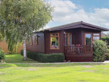 A brown wooden cabin with a small porch and railing surrounded by grass trees and bushes at Lodge Two Country View Park in Graveney