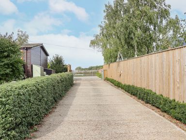 A concrete driveway with hedges on the left and a wooden fence with shrubs on the right at Lodge Two Country View Park in Graveney