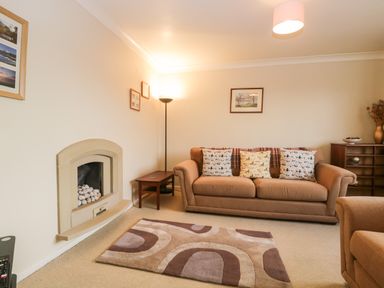 A living room with a sofa three cushions a patterned rug a fireplace a floor lamp and framed pictures at Marsh Garth in Kirkby-In-Furness