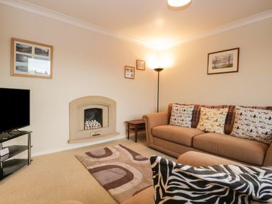 A living room with a sofa, cushions, a floor lamp, a TV on a stand, a fireplace, and framed pictures on the walls at Marsh Garth in Kirkby-In-Furness