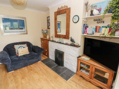 A living room with a dark sofa a fireplace a large mirror and a wooden cabinet with a television at Greengate in Tenby