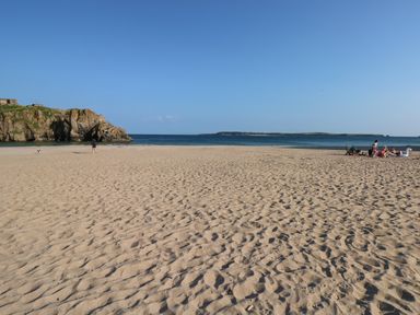 A sandy beach with people and a dog near the water with cliffs and an island in the background at Greengate in Tenby