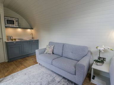 A small kitchen area with blue cabinets and a gray sofa with a floral pillow next to a white side table with a white orchid at Y Dderwen in Bontuchel near Ruthin