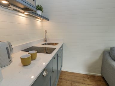 A kitchen counter with two yellow mugs a white kettle an electric stovetop a sink and a gray sofa on wooden floor at Y Dderwen in Bontuchel near Ruthin