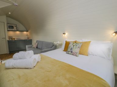 A bedroom with a bed with yellow and floral pillows a sofa and a kitchenette at Y Dderwen in Bontuchel near Ruthin