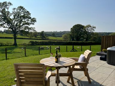 A patio with a wooden table and chairs overlooking a grassy field with sheep and trees at Y Dderwen in Bontuchel near Ruthin