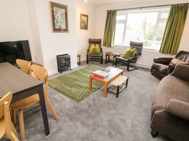 A living room with chairs a coffee table a green rug and a dining table at 8 Oaks Field in Ambleside
