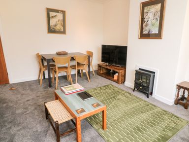 A living room with a dining table and chairs a TV on a wooden stand a green rug and a small stove at 8 Oaks Field in Ambleside