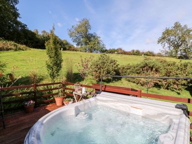 A bubbling hot tub on a wooden deck with potted plants and a grassy hill in the background at 6 Badgers Retreat in Tunstall near Richmond