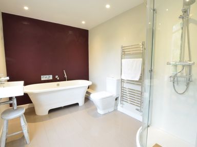 A bathroom with a standalone bathtub against a dark wall a toilet a heated towel rail with a towel and a shower enclosure at Durdans Walberswick