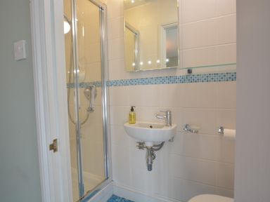 A small bathroom with a shower enclosure sink with a soap dispenser and a mirror above at Bunny Cottage Aldeburgh