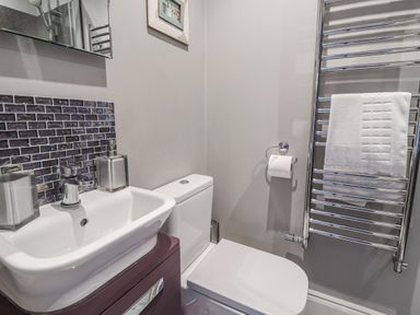 A bathroom with a sink and toilet at Holly Lodge in Aldeburgh