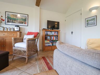 A living room with a wicker armchair a wooden cabinet a bookshelf with a television and a gray sofa at Romulus in Larling near East Harling