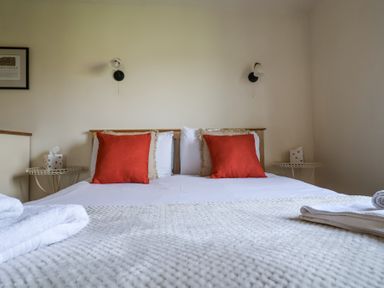 A bedroom with a bed with red pillows and white bedding and two bedside tables at Romulus in Larling near East Harling