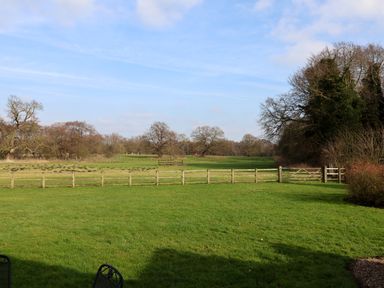 A grassy field with a wooden fence a gate and trees in the background at Remus in Larling near East Harling