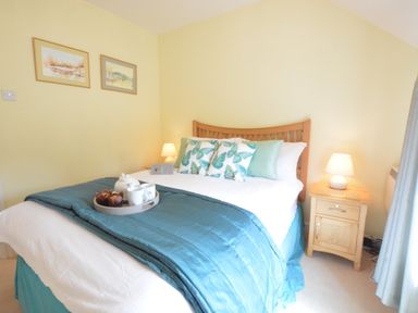 A bedroom with a bed with blue bedding and butterfly pillows beside a wooden nightstand with a lamp at Seafarers in Fressingfield