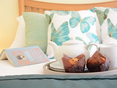 A bed with butterfly patterned pillows a teapot two muffins and a book at Seafarers in Fressingfield