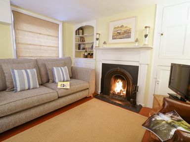 A living room with a sofa, fireplace with fire, TV, bookshelf, and a chair with an open magazine at Aldeburgh Cottage in Aldeburgh