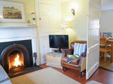 A living room with a fireplace a leather armchair a television and a wooden chest at Aldeburgh Cottage in Aldeburgh