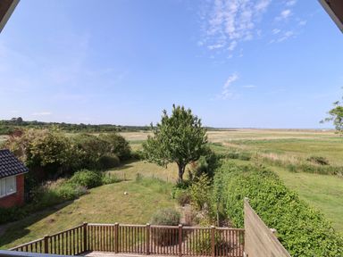 A view of a garden with a tree and field at Seadrift in Dunwich Near Westleton